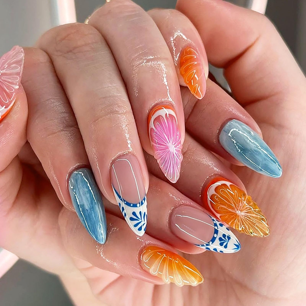 Spring Press on Nails Almond Medium Fake Nails with White Flower Designs French Tip Nails Press ons Light Green False Nails Glossy Glue on Nails Acrylic Nails Nude Stick on Nails for Women 24Pcs