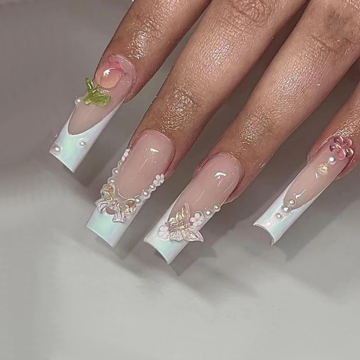 Long Square Press on Nails Bling Gold Chain & Crystal Nails,Fake Nails Artificial Stick on Nails for Women, Nude Pink Glam Prom Wedding Nails with Diamonds