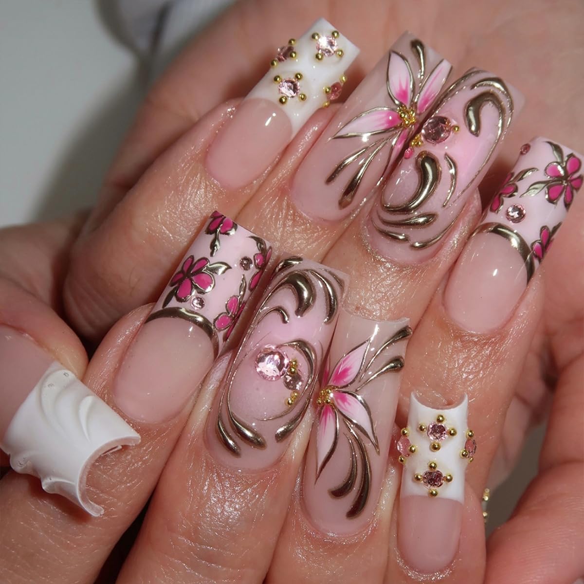 BABALAL Long Square Press on Nails - Blue Fake Nails, Luxury 3D Butterfly Gold Heart Charm Bling Design Full Cover Acrylic Nails Squoval Set 24Pcs