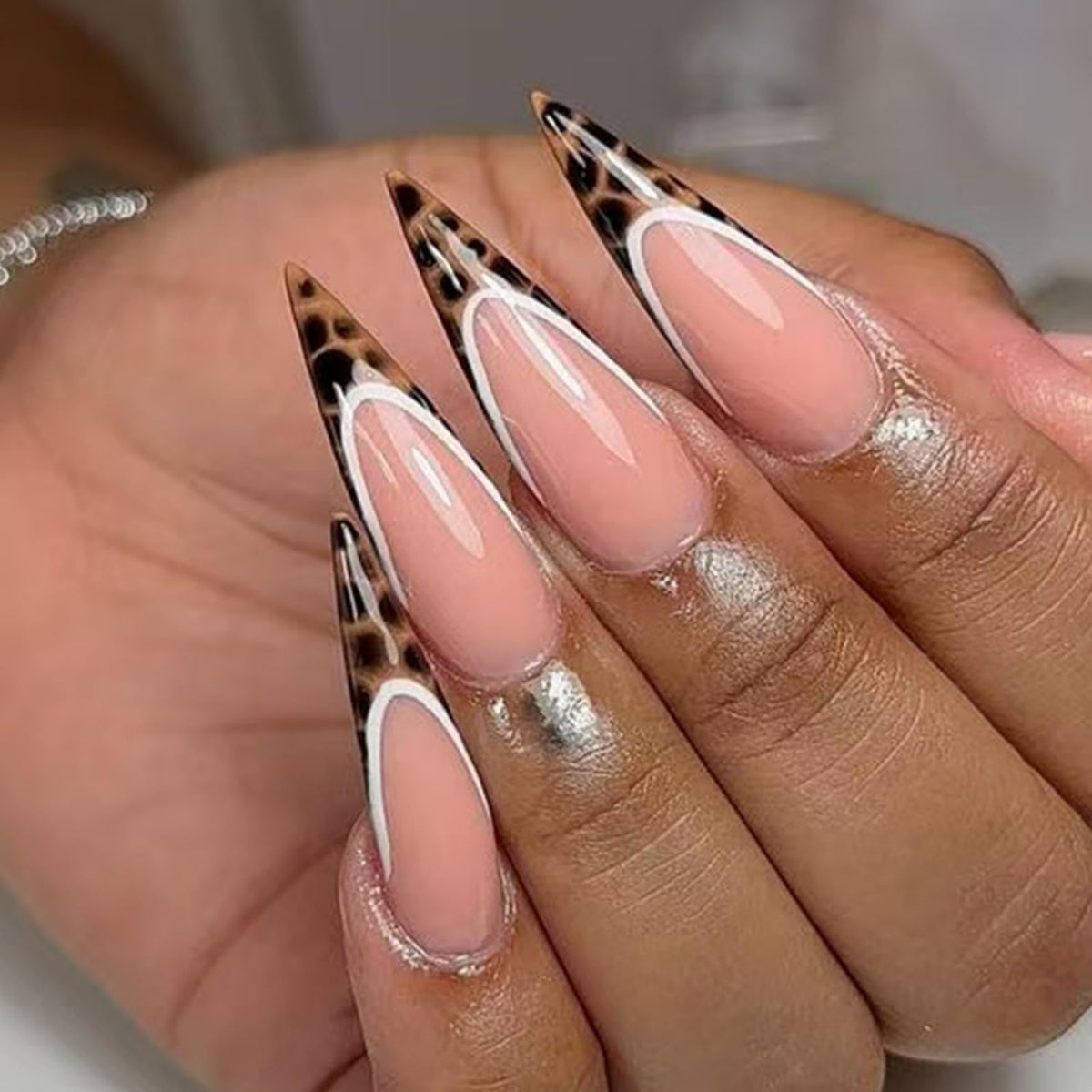 3D Gold Press on Nails Long Stiletto Fake Nails Glossy Nude Blue Full Cover