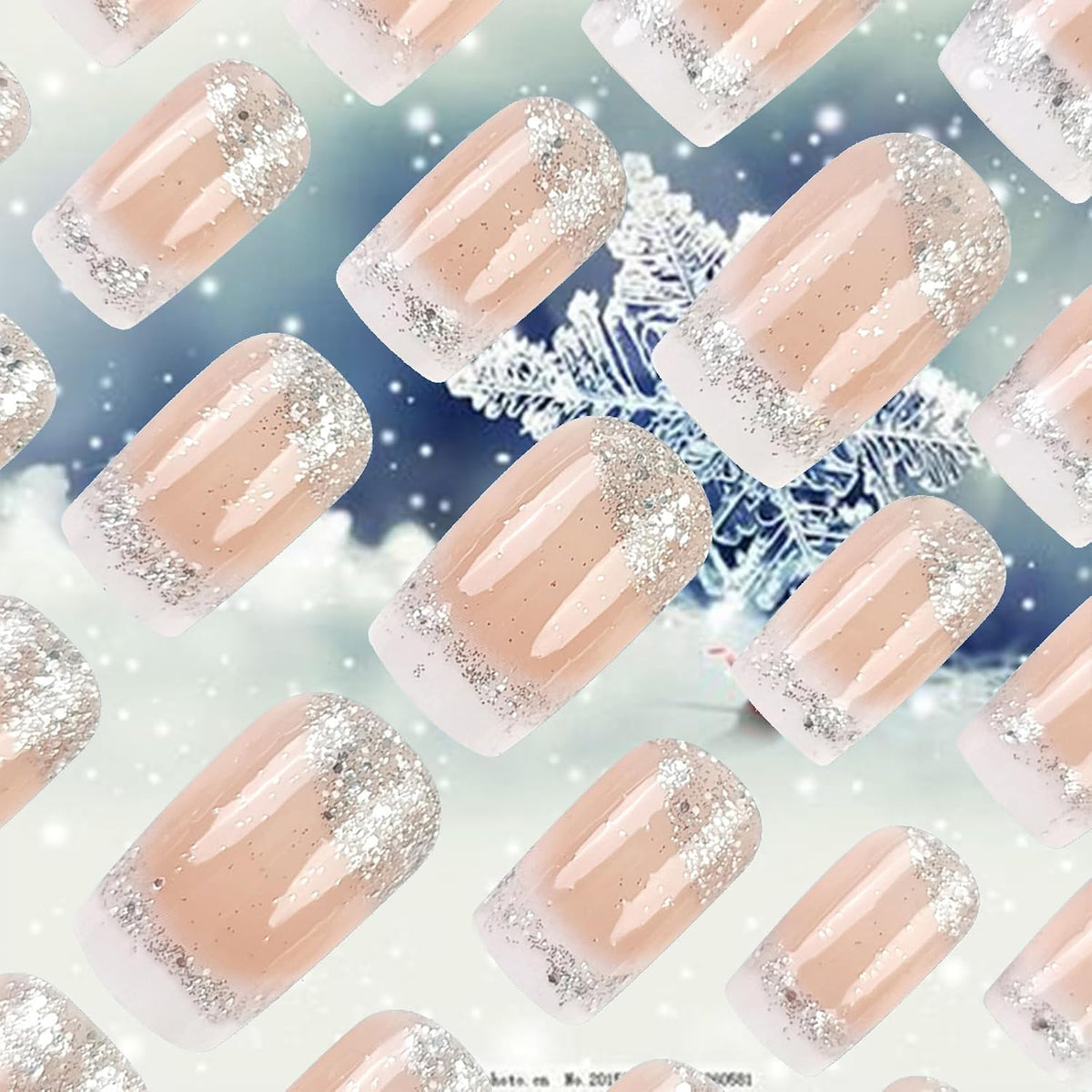 White French Tips Press on Nails 24Pcs Glossy Silver Glitter Acrylic Fake Nails Sparkly False Nail Milky Way Gel Glue on Nail Stars Stick on Medium Square Fingernails for Coquette Women Girls
