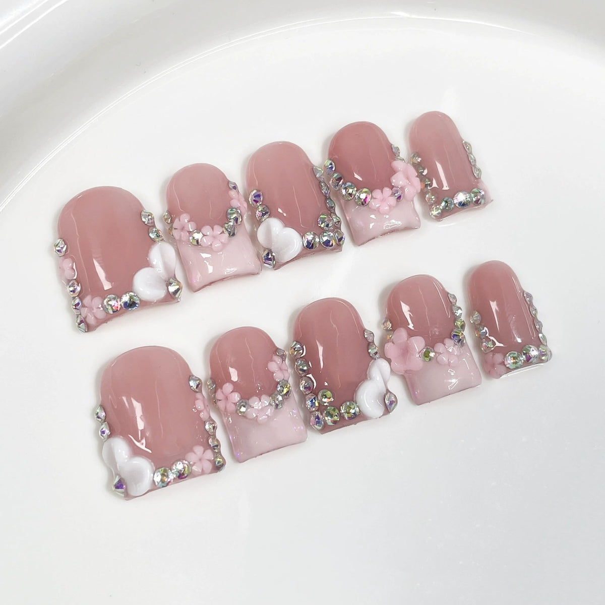 Luxury Handmade Press on Nails Medium Square Fake Nails Blue French False Nails with Ombre 3D Flower Art Design Acrylic Nails Handmade Stick on Nail for Women Manicure 10Pcs (Size M)