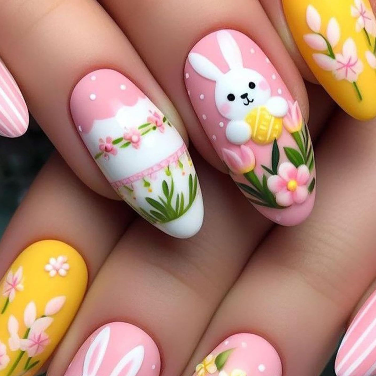 Summer Press on Nails Almond Pink Floral Shell Pearl Gold Dot Fake Women