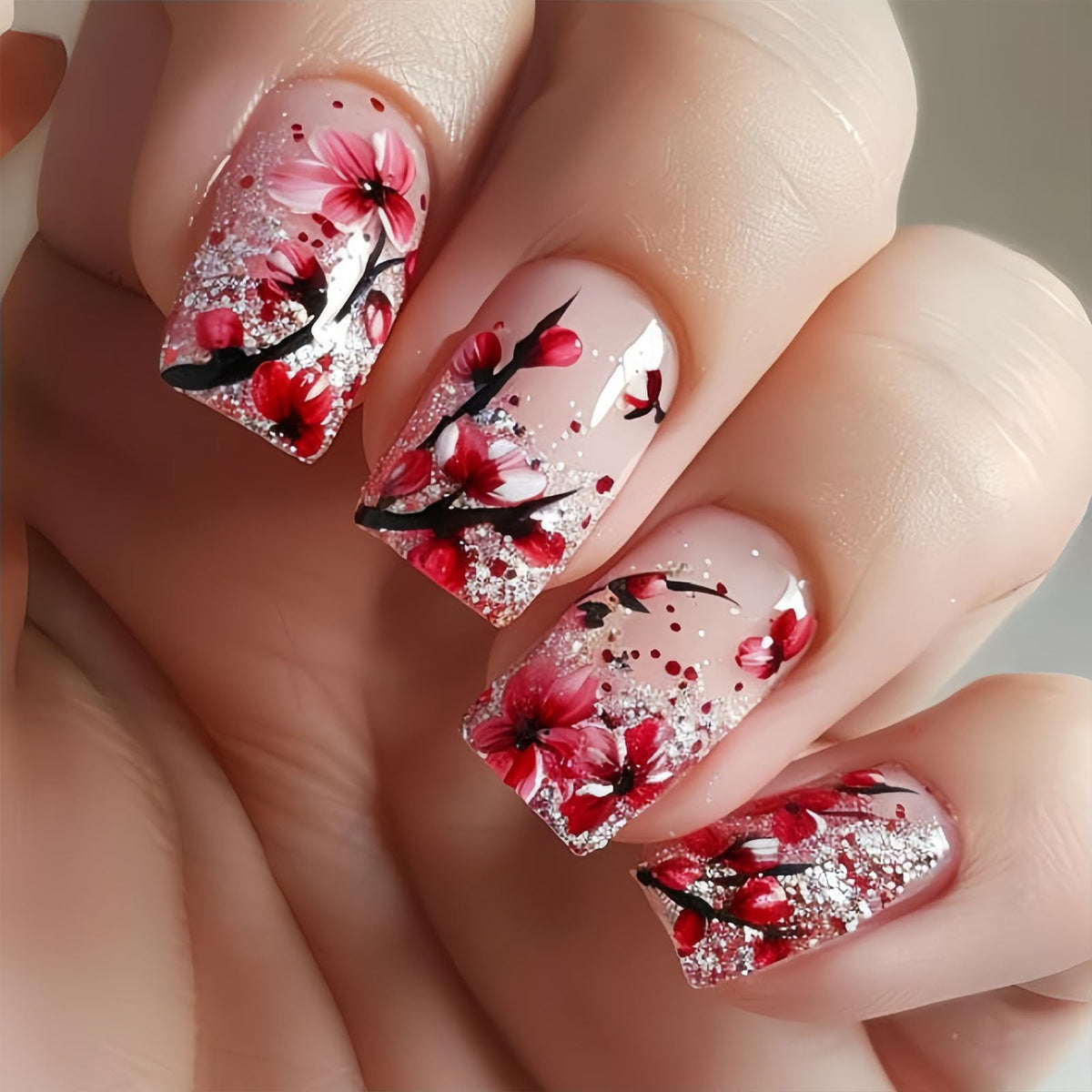 Medium Press on Nails Square White French Tip False Nails with Glitter Design Cute Fake Nails Light Pink Full Cover Nails Press ons Glossy Glue on Nails for Girls and Women 24Pcs