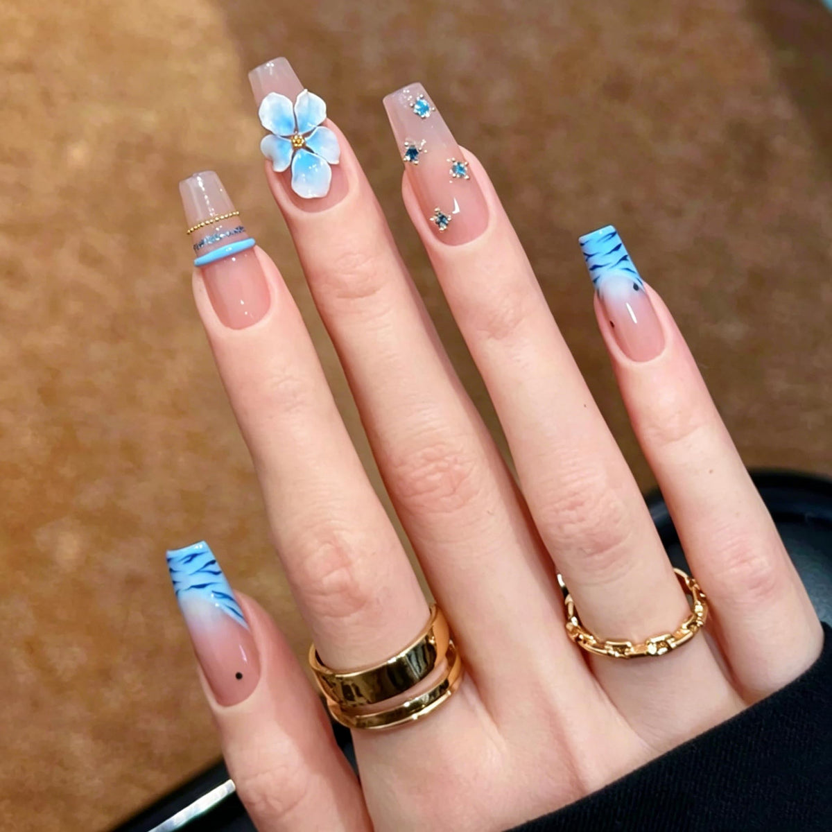BABALAL Press On Nails Long Square Fake Nails Nude Pink White French Tip Lace Pearl Rhinestone Glossy Bridal Wedding Glue On Nails 24Pcs