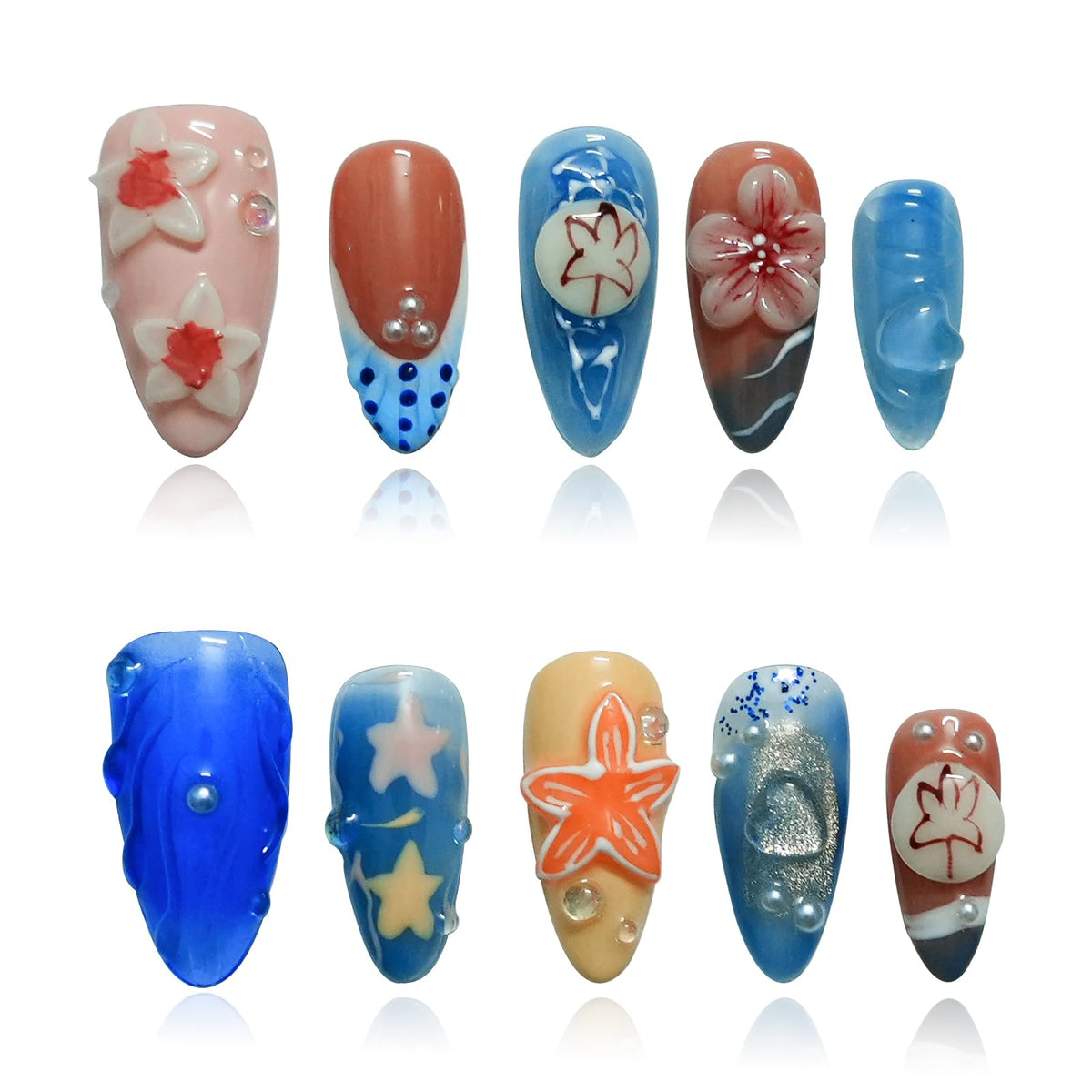 Gothic 3D Floral Press on Nails Medium Almond - Gold Cross & Rhinestone Design, Handmade Pearl Luxury Dark Romantic Reusable Nails (Orange Diamond Sweet Luxury,L)