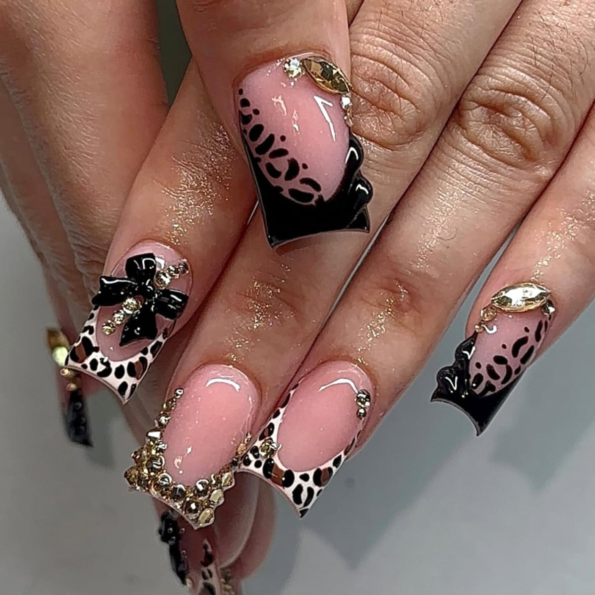 Black French Tip Press On Nails Almond Stiletto, Nude Glossy Fake Nails