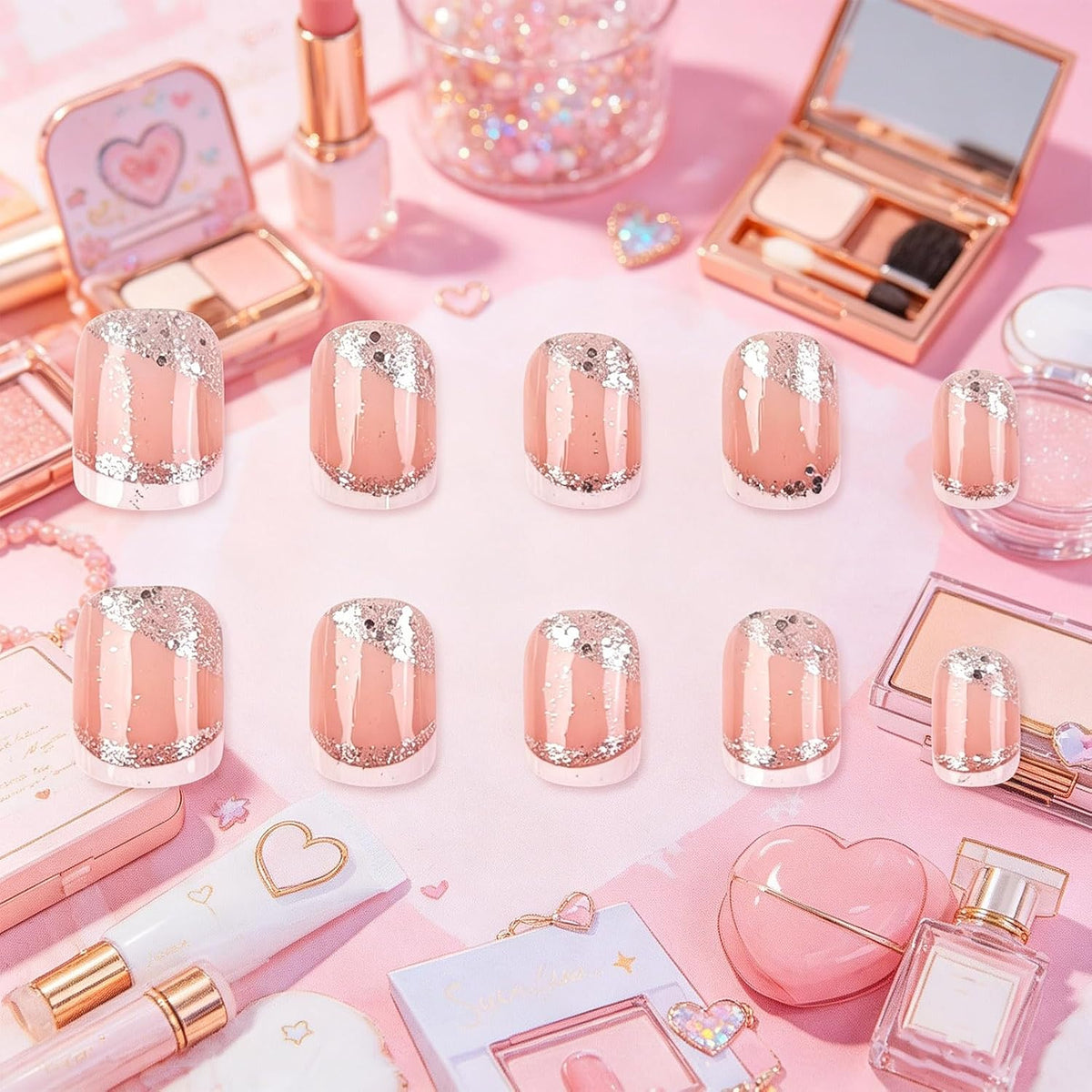 Press on Nails with Shimmer Design Glossy White French Tips Short Square False Nails Silver Glitter Fake Nail Nude Minimalist Stick on Fingernails Pink Glue on Nail for Women Bridal Daily Wear