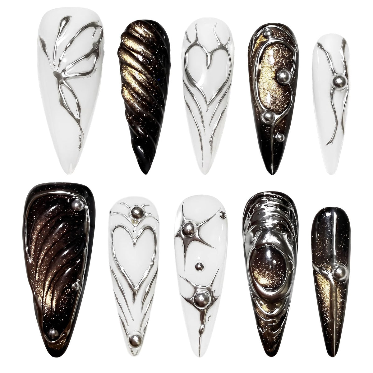 Handmade Press on Nails Long Stiletto - Liquid Gold Abstract Acrylic Fake Nails with Blue Shimmer & Colorful Gems, Luxury Reusable False Nails 10 pcs (Size M)