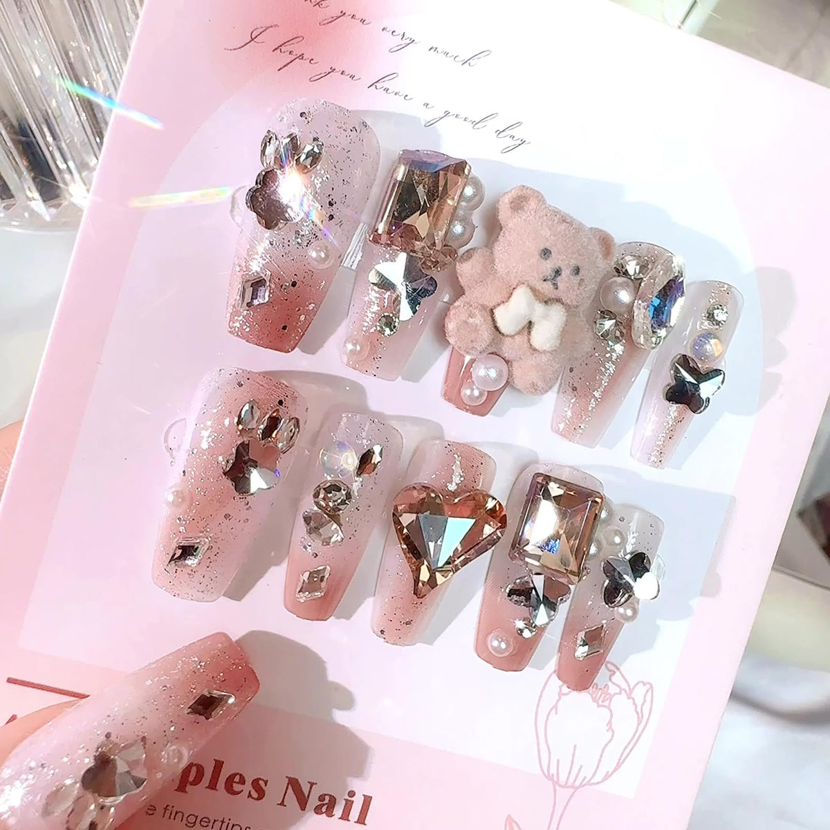 SINHOT Luxury Press on Nails - Long Coffin Fake Nails 3D Handmade Cute Pink Reusable False Nails with Rhinestone Designs,DIY Artificial Nail Art, 24pcs