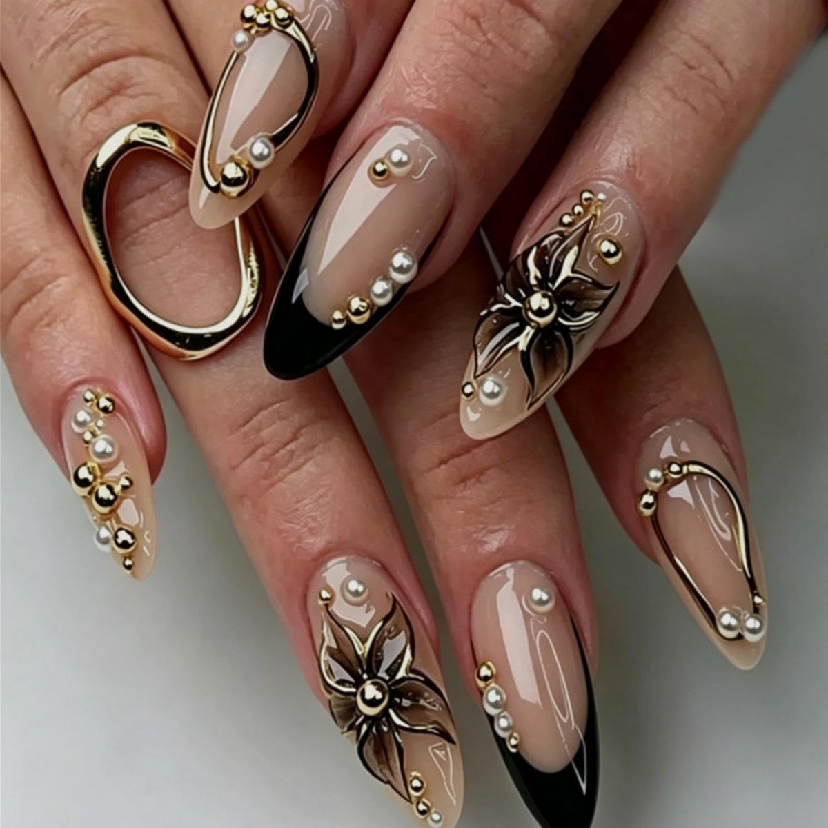 French Tips Press on Nails Medium Almond Nails Press on with 5D Flower Charm Design Glossy Brown Glue on Nails Water Ripple Rhinestones Fake Nail Reusable Fall Winter Nail for Women Manicure 24Pcs