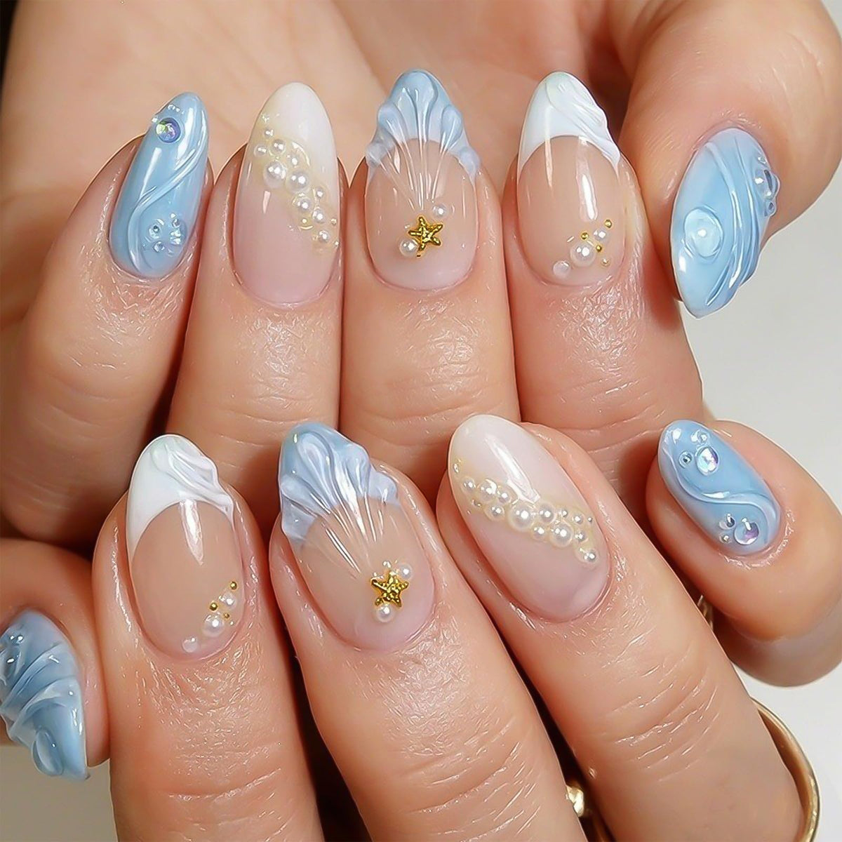 Press on Nails Medium Almond - 3D Gold Flower Vines with Rhinestone Fake Nails, Nude Pink Jelly Champagne Shimmer French Tip Bridal False Nails for Women, 30 Pcs
