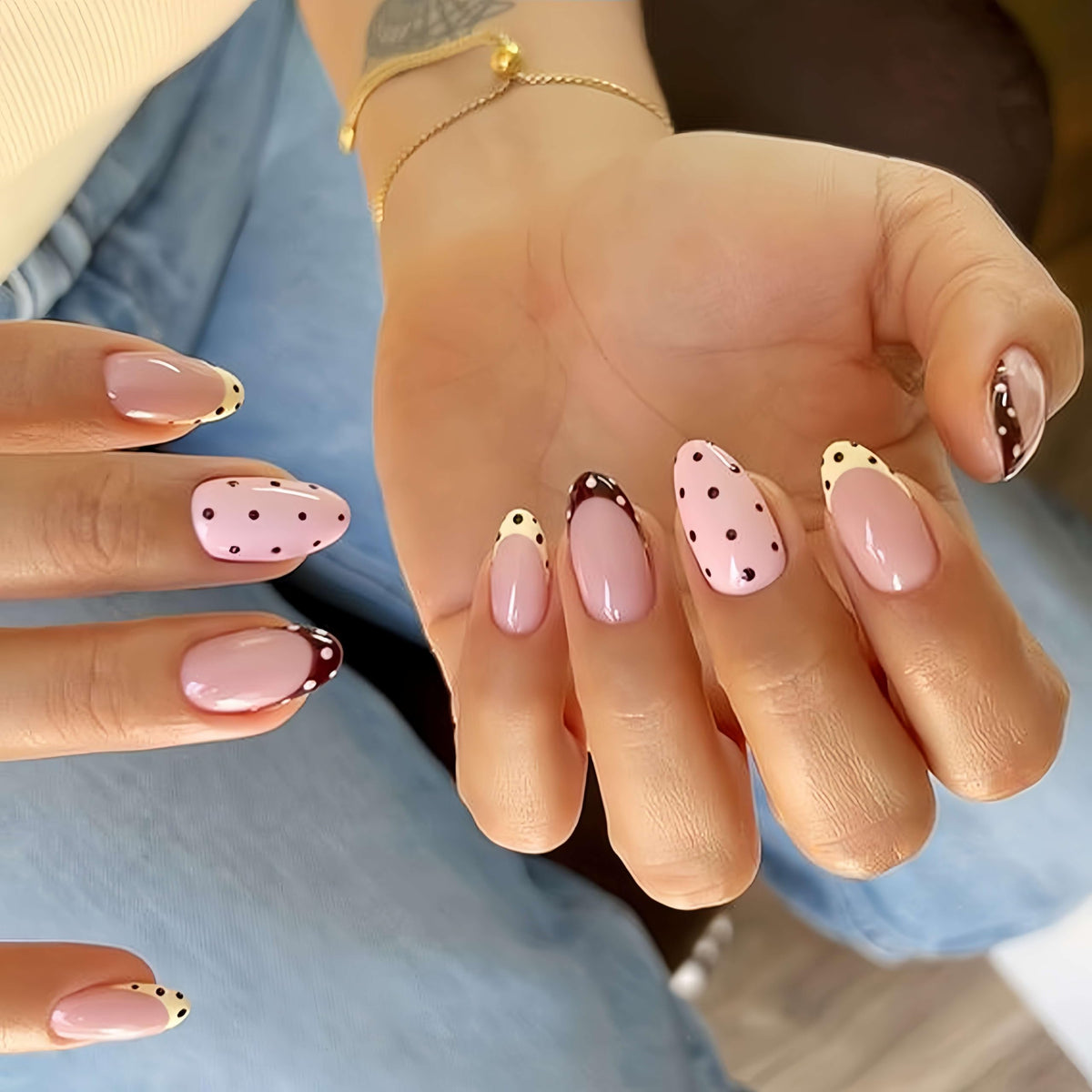 Medium Almond Press On Nails, Milky Nude Fake Nails with White French Tips, Gold Outline Design, Rhinestone and Pearl Accents, Glossy Reusable Glue On Nails for Women Wedding, 24PCS