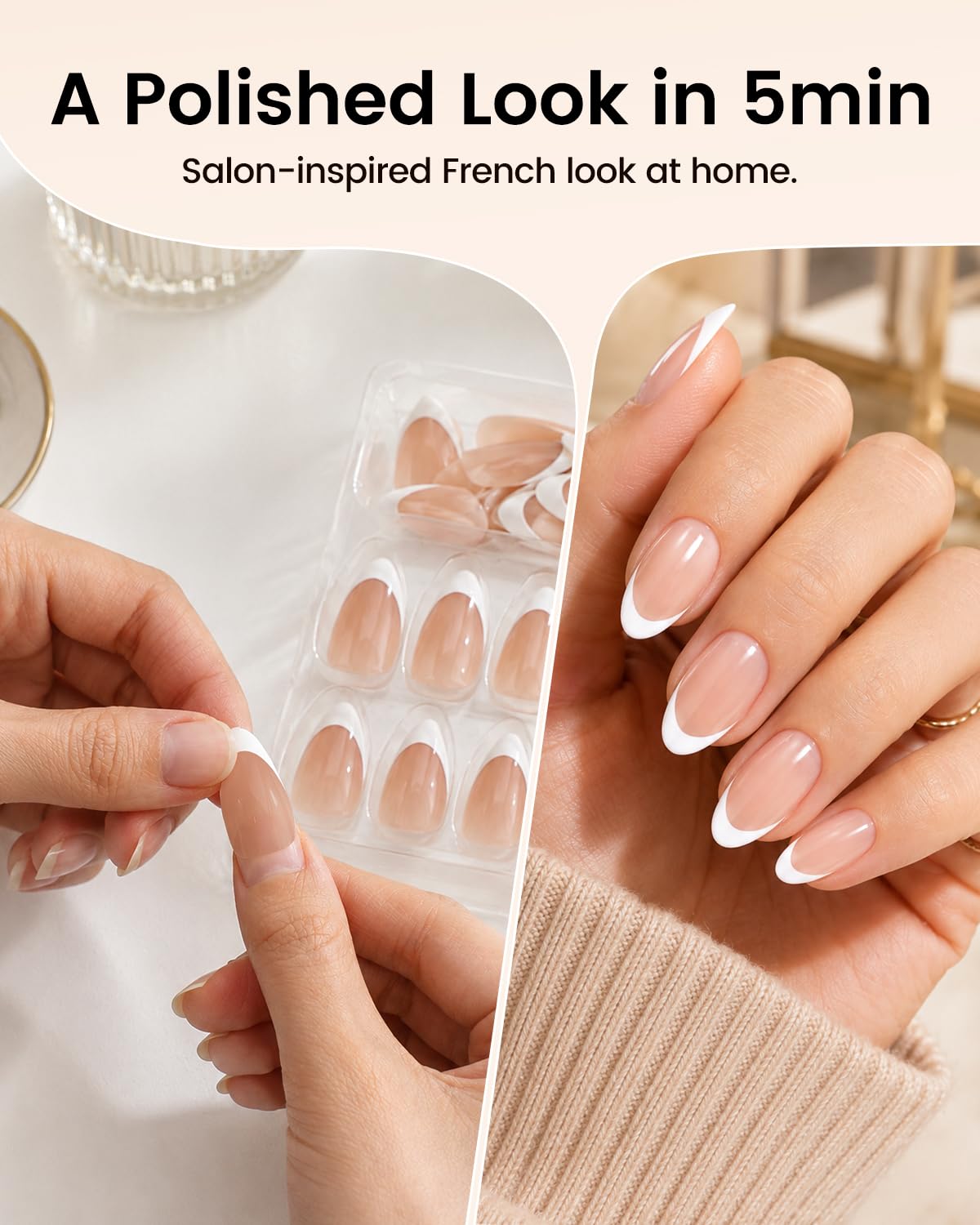 French Tip Press On Nails-Medium Pointed Almond Shape Nails