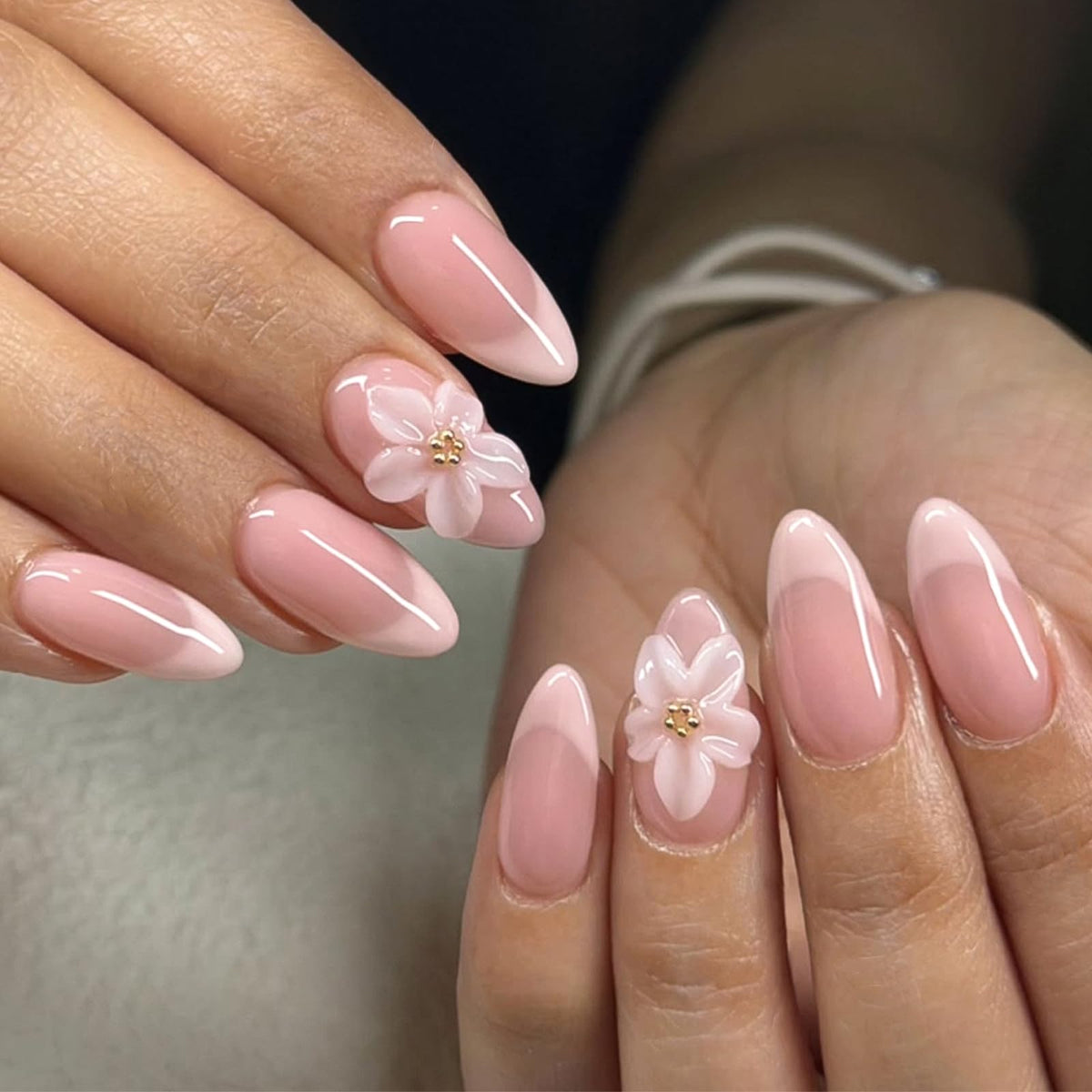 3D White Flower Press on Nails Medium Fakes Nails Almond Shape False Nails with Bling Rhinestones Designs, Glossy Reusable Elegant Acrylic Nails with Glue-24Pcs Nail Kit for Women Wedding Party