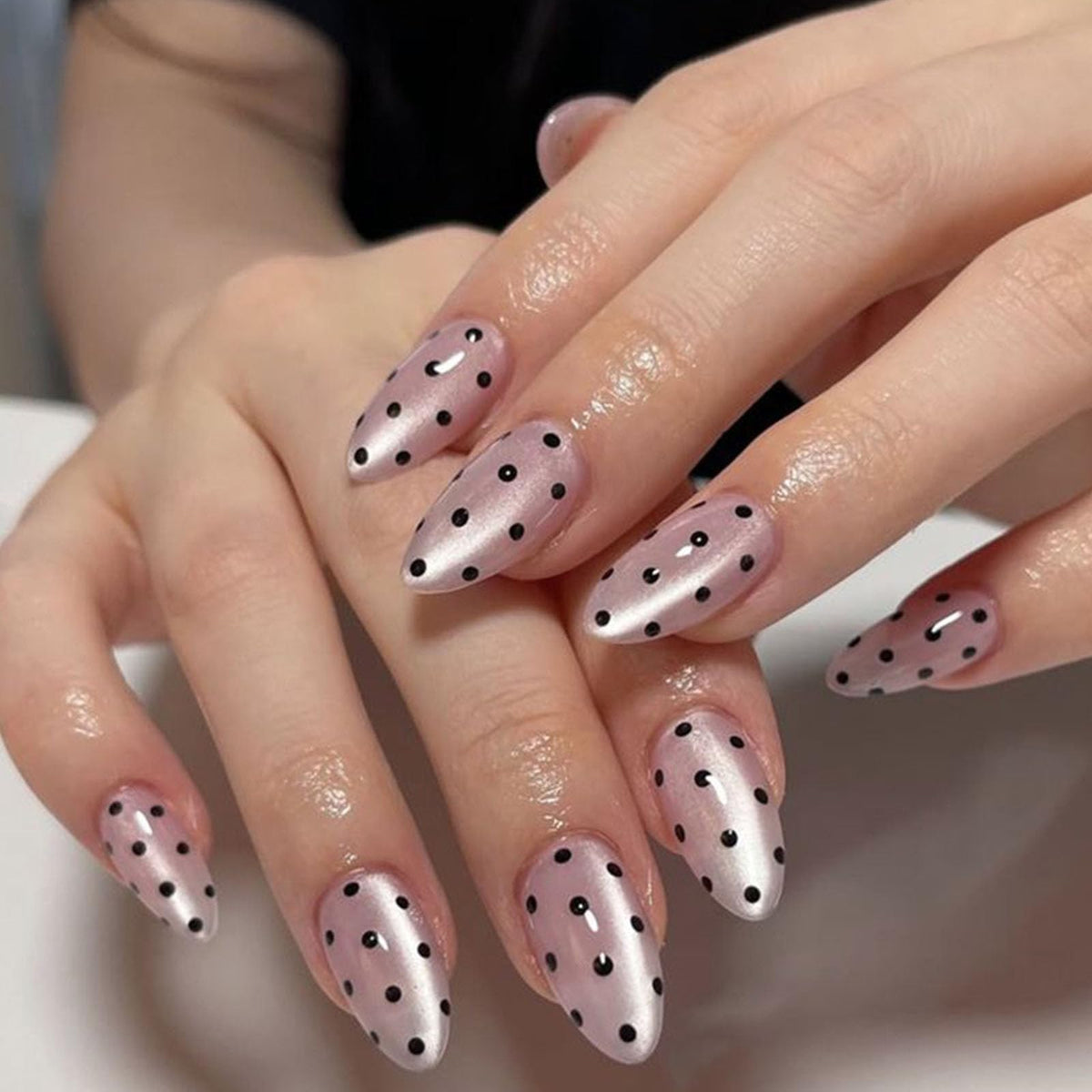 French Tip Press on Nails Almond Medium Fake Nails with Chrome Glitter Designs Nails Press ons Pink Gold Glue on Nails Natural False Nails Glossy Artificial Nails Simple Stick on Nails for Women 24Pcs