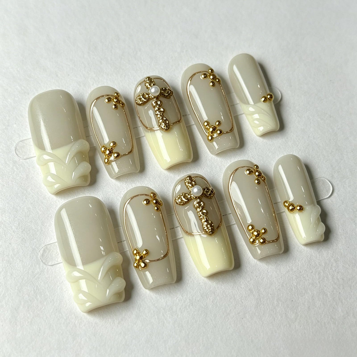 White Medium Square Handmade Press On Nails, French Tip 3D Heart Design