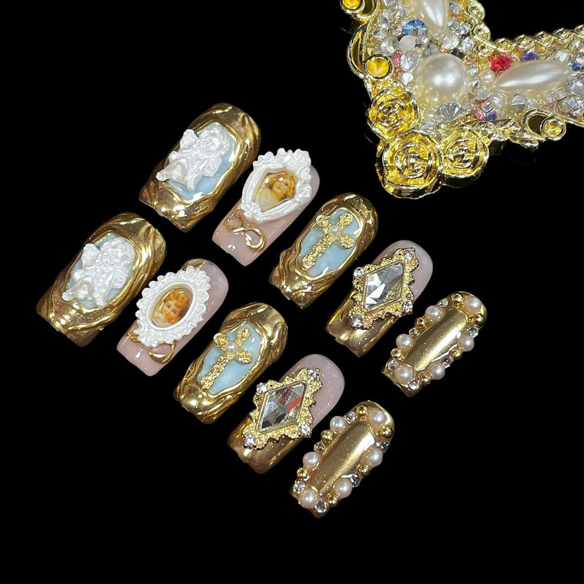 Handmade Press On Nails Luxury Set (Baroque, M)