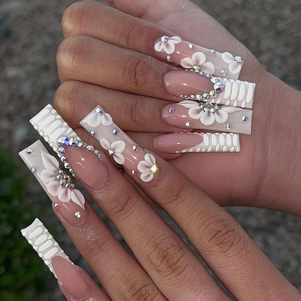BABALAL Long Square Press on Nails - Blue Fake Nails, Luxury 3D Butterfly Gold Heart Charm Bling Design Full Cover Acrylic Nails Squoval Set 24Pcs