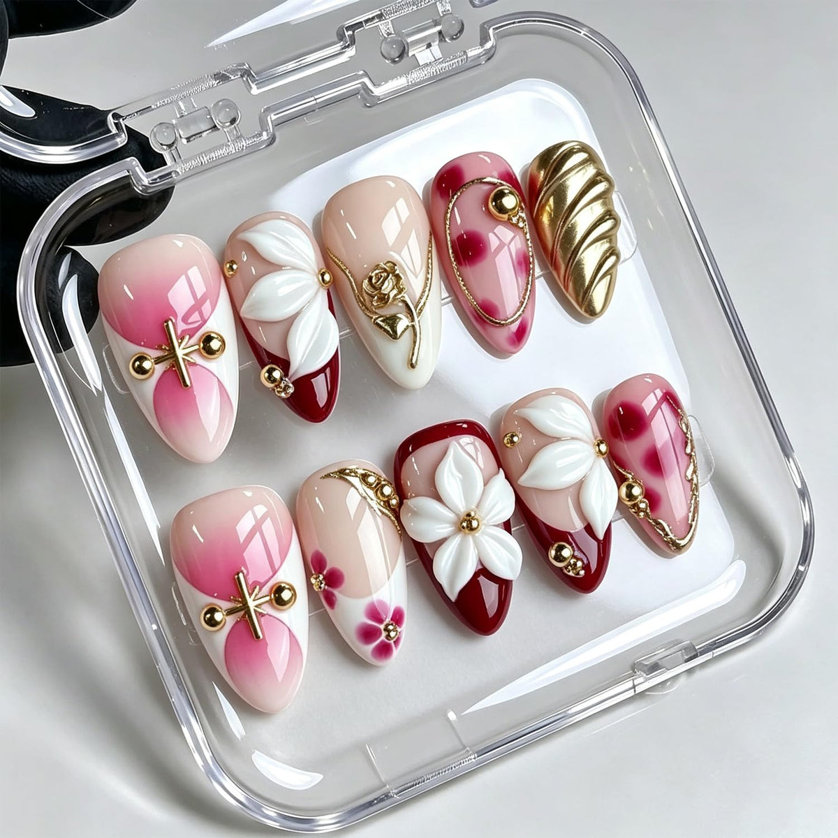Handmade Press on Nails Gold Beads Almond Fake Nails 10Pcs(Size M)