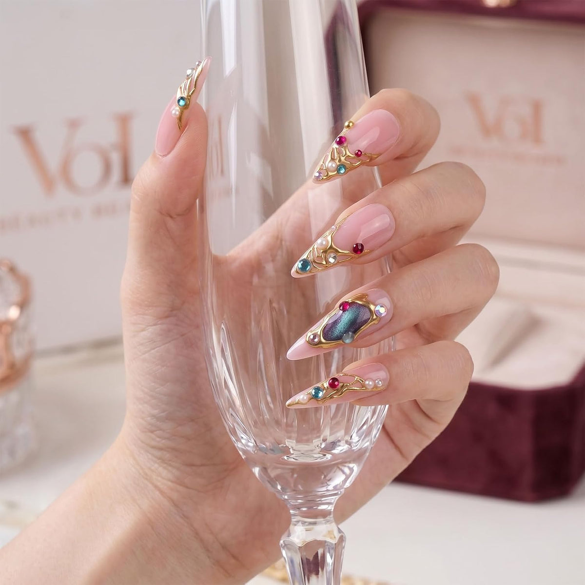 Handmade Press on Nails Long Stiletto - Liquid Gold Abstract Acrylic Fake Nails with Blue Shimmer & Colorful Gems, Luxury Reusable False Nails 10 pcs (Size M)