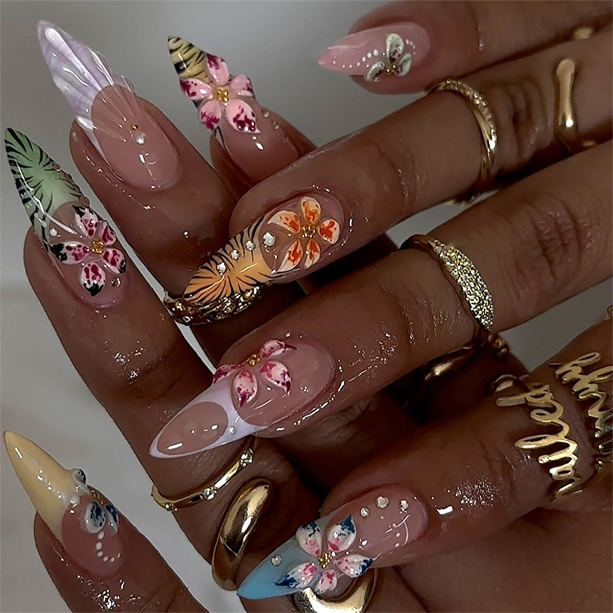 HOSAILY Long Almond Gold Glitter Press On Nails - Luxury French Shimmer Diamond Design, Holiday Party & Wedding False Nail, 24PCS Full Cover Gel Nail for Women- Autumn to New Year’s Elegance