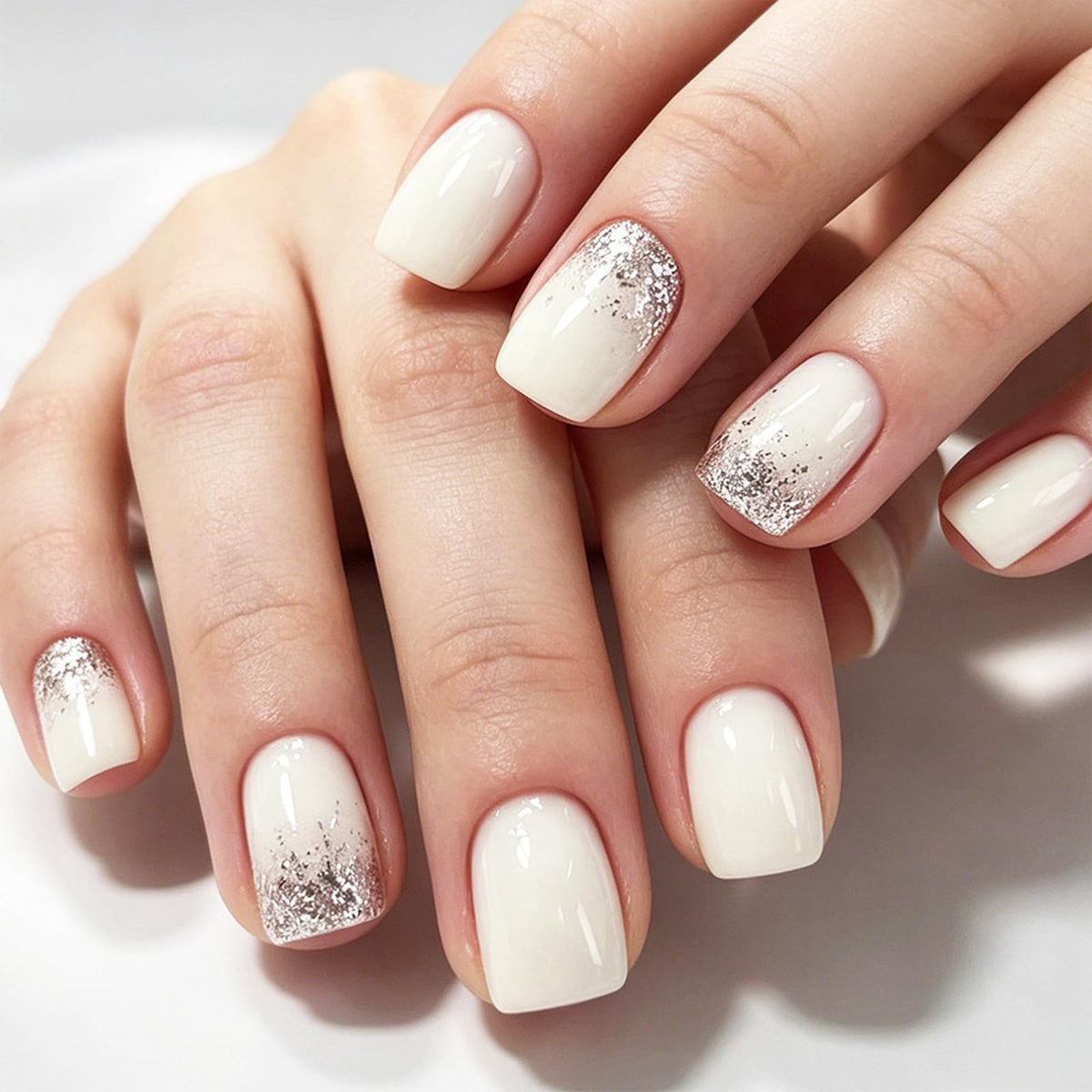 Press on Nails with Shimmer Design Glossy White French Tips Short Square False Nails Silver Glitter Fake Nail Nude Minimalist Stick on Fingernails Pink Glue on Nail for Women Bridal Daily Wear