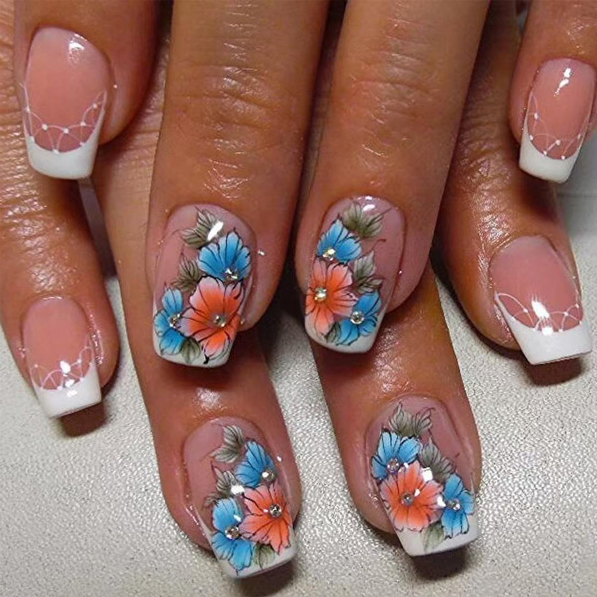 Green Press on Nails Medium Almond Fake Nails with 3D Pearl Rhinestones Designs Gold French Tips Flower Acrylic Nails False Nails White Floral Full Cover Glossy Stick on Nails for Women 24Pcs
