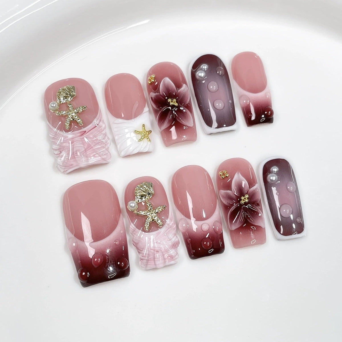 Luxury Handmade Press on Nails Medium Square Fake Nails Blue French False Nails with Ombre 3D Flower Art Design Acrylic Nails Handmade Stick on Nail for Women Manicure 10Pcs (Size M)
