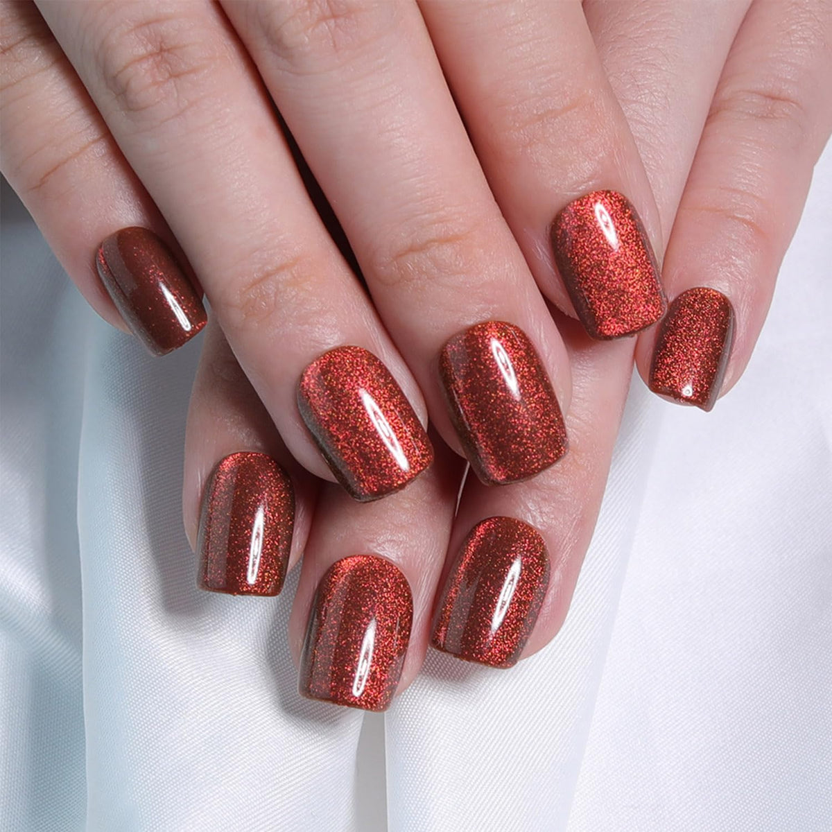 Glossy Nude Gold French Tip Press On Nails Short Almond, 30 PCS