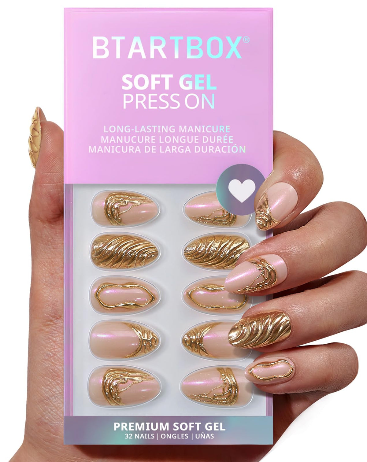BTArtbox Press On Nails, French Tip Short Square Nails, 32 Pcs Full Kit