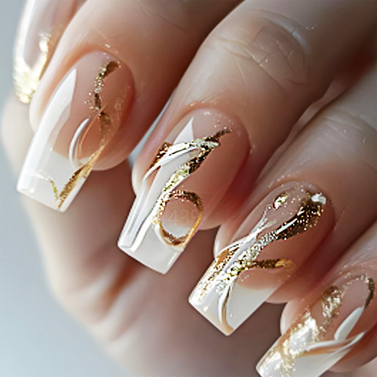 White French Tips Press on Nails 24Pcs Glossy Silver Glitter Acrylic Fake Nails Sparkly False Nail Milky Way Gel Glue on Nail Stars Stick on Medium Square Fingernails for Coquette Women Girls