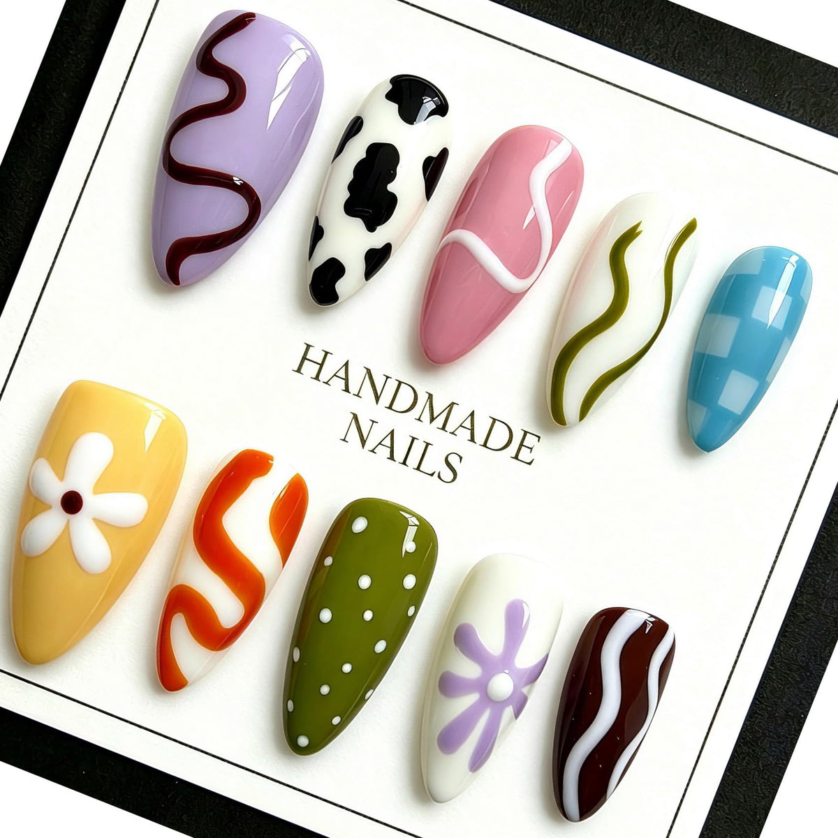 Handmade Almond Press on Nails, Abstract 3D Floral Gold, 10Pcs