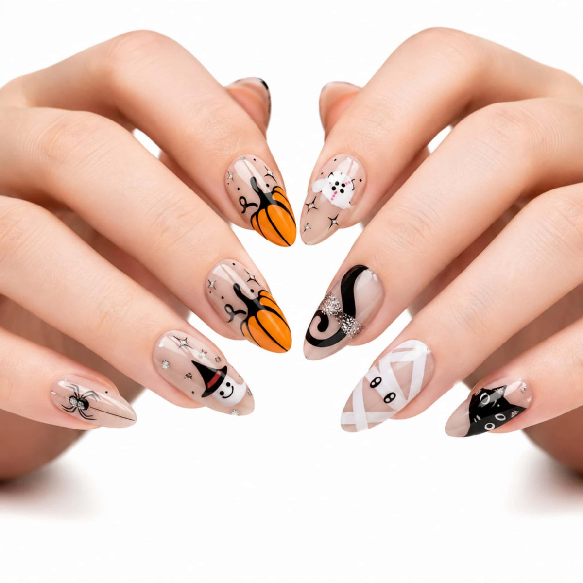 Lace Print Short Almond Press On Nails with 3D Rhinestones 24Pcs