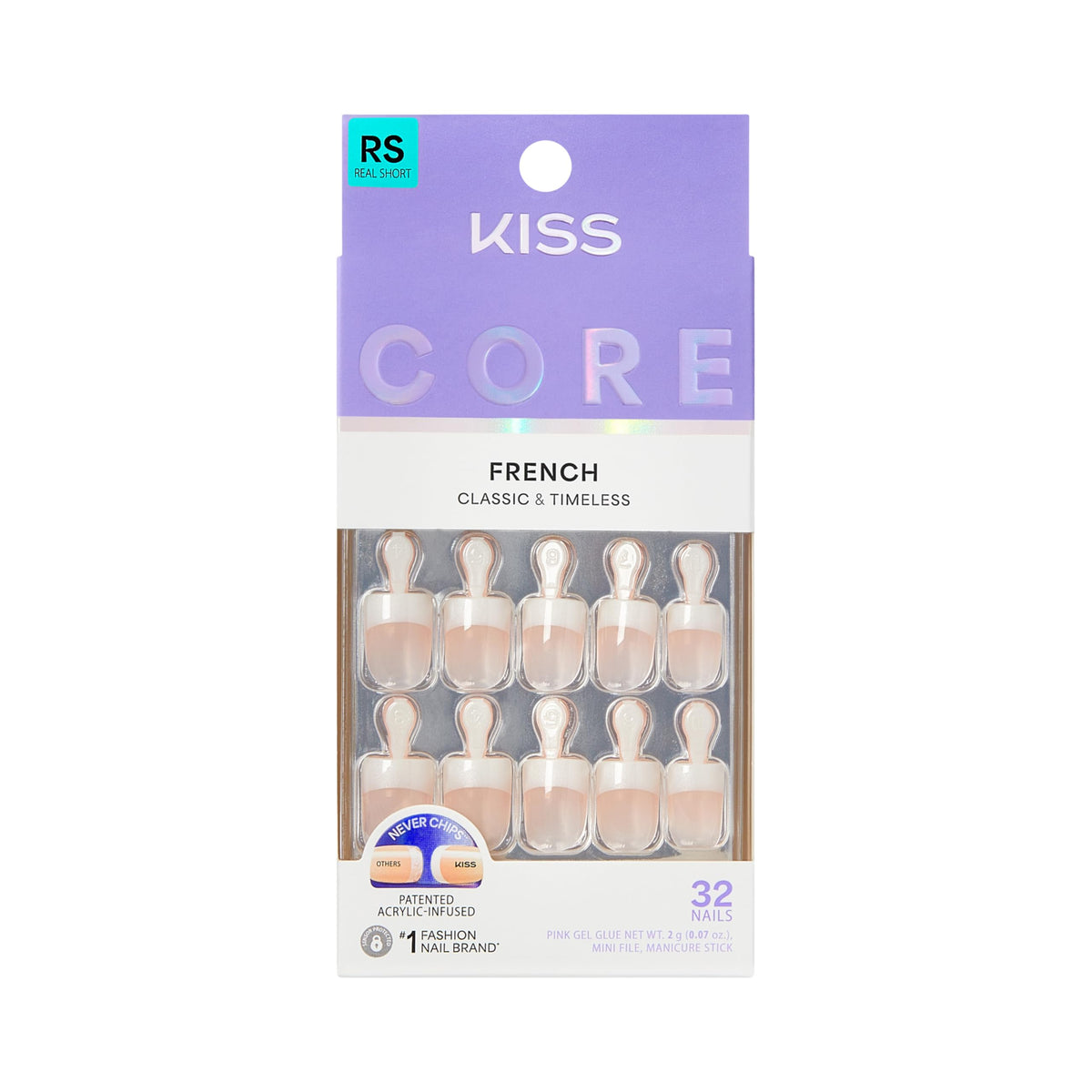 Kiss Core, Press On Nails, Nail glue included, 'Curiosity', White, Medium Size, Almond Shape, Includes 32 Nails, 2g Glue, 1 Manicure Stick, 1 Mini File