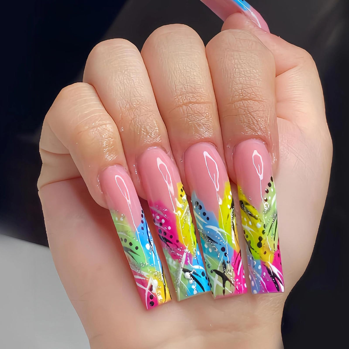 MISUD Press on Nails - Extra Long Square Glue on Nails with French Tip, Acrylic Dollar Money Rhinestone Design 24 pcs