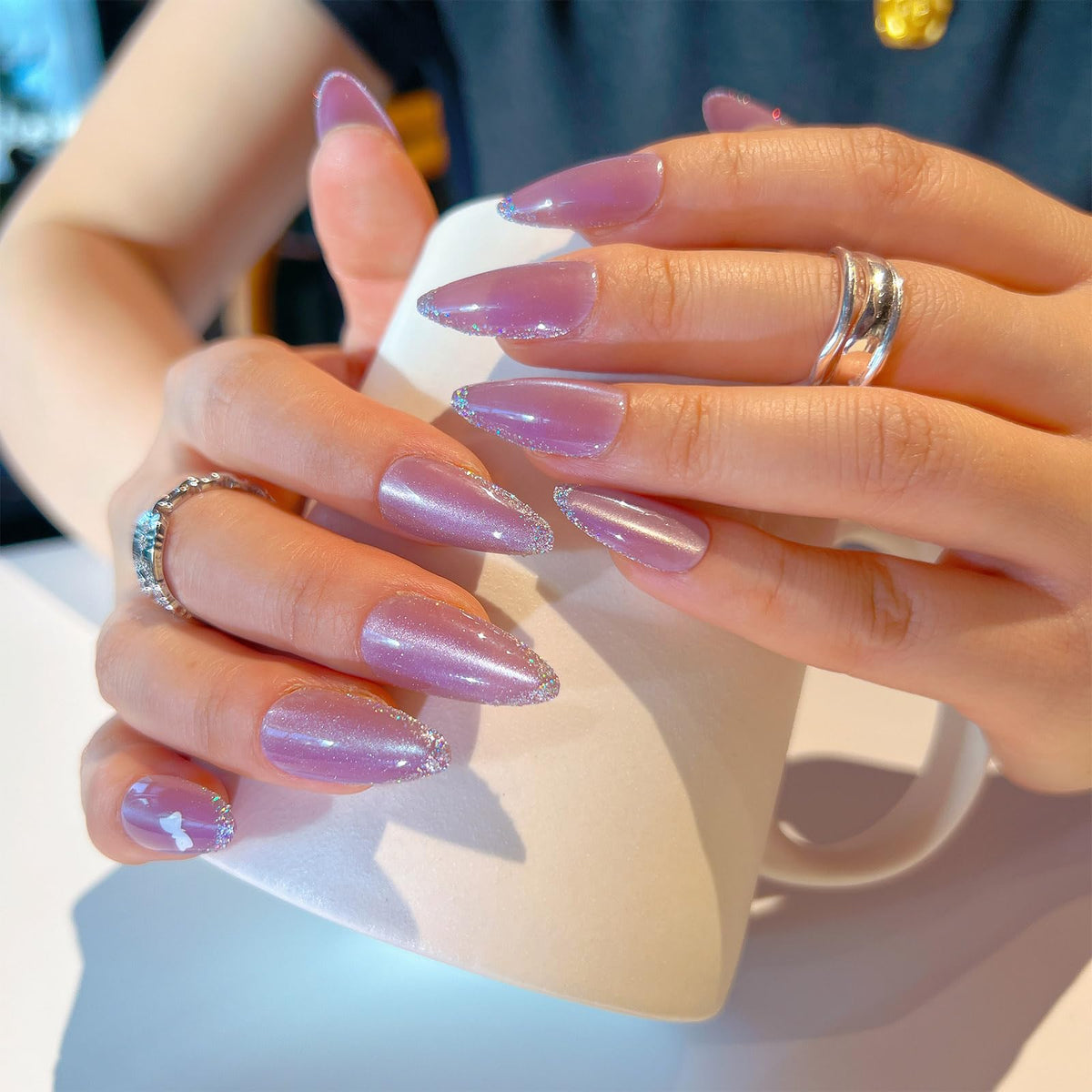 Lace Print Short Almond Press On Nails with 3D Rhinestones 24Pcs