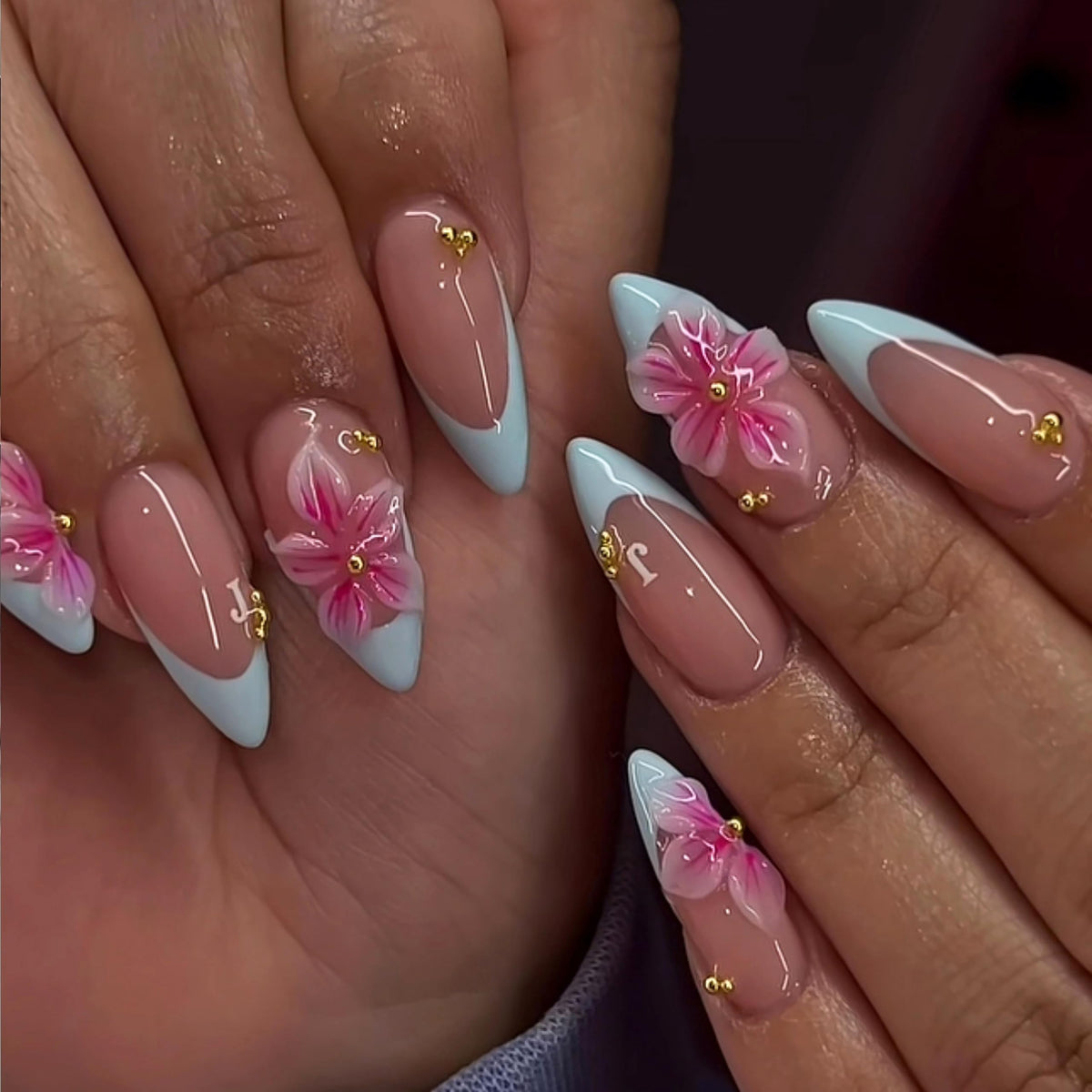 MERVF Medium Almond Press on Nails - White Ombre French Tip Fake Acrylic Nails, Rhinestones Gold Rings Design Wedding Glossy Finish 24pcs