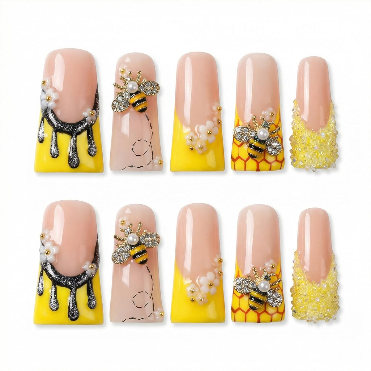 Handmade Long Duck Press on Nails - Luxury Crystal French Tip False Nails with Rhinestones, Diamond Jelly Pink Fake Nails, 10 Pack Gel Nails for Women (Size M)