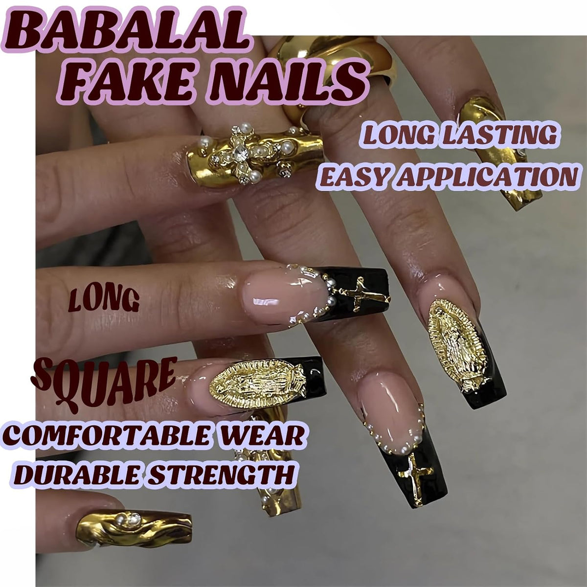 BABALAL Press on False Nails Long Square Fake Nails Black and Gold Chrome Gothic Glue on Cross Charm Luxury 3d Design French Tip Acrylic 24Pcs Y2k Handmade Custom Full Cover Gel Nails