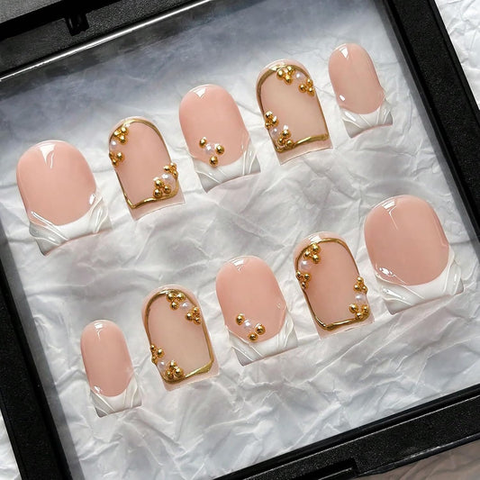 Handmade Press On Nails Short Square Nude 10PCS French Tip Fake Nails with 3D Gold Pearl Charms, Hand Painted Luxury Reusable Stick On Nails for Wedding Bridal Prom(M)