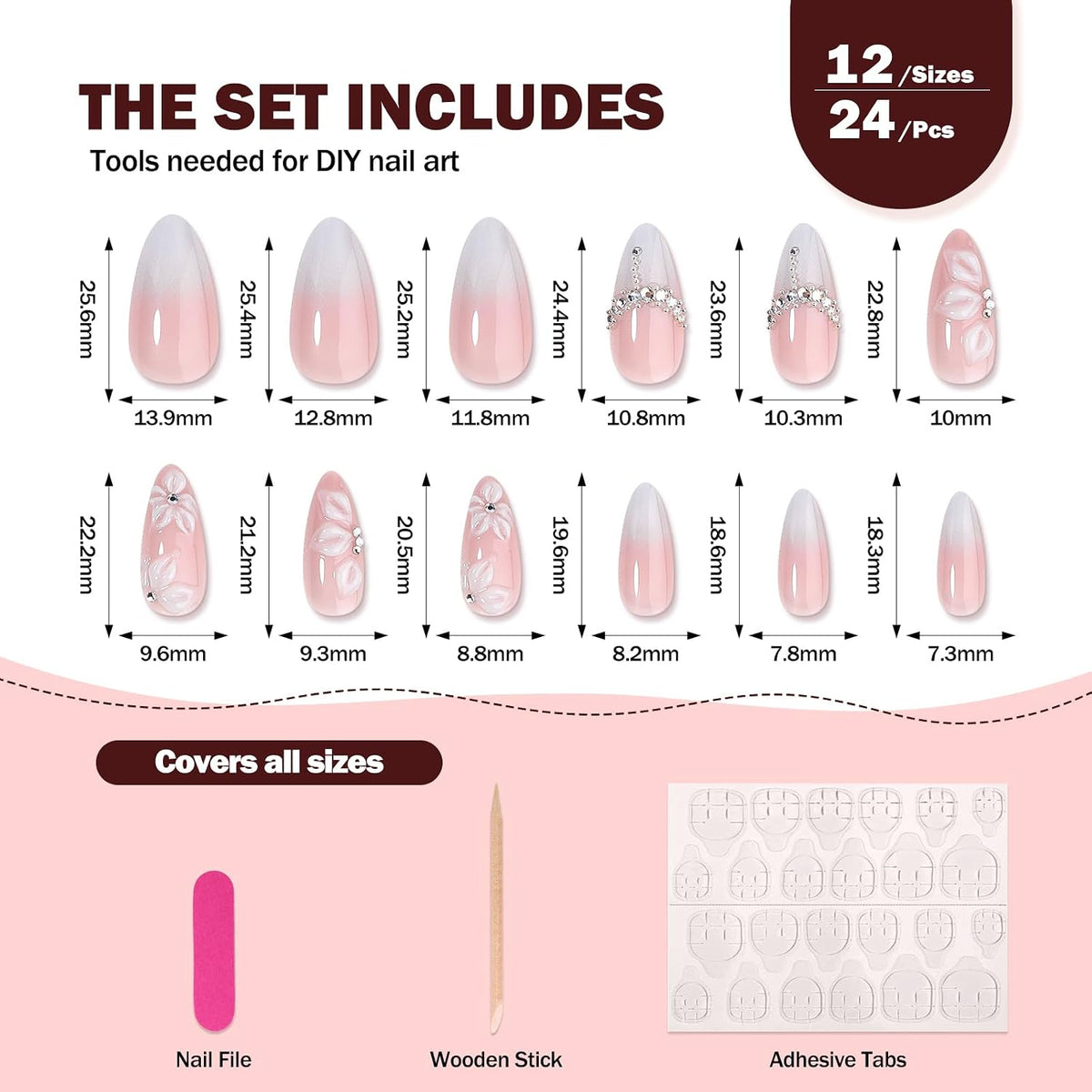 3D White Flower Press on Nails Medium Fakes Nails Almond Shape False Nails with Bling Rhinestones Designs, Glossy Reusable Elegant Acrylic Nails with Glue-24Pcs Nail Kit for Women Wedding Party