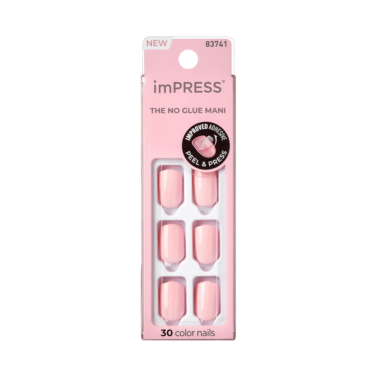 Kiss Impress No Glue Mani Press On Nails, Color, 'Point Pink', Pink, Short Size, Squoval Shape, Includes 30 Nails, Prep Pad, Instructions Sheet, 1 Manicure Stick, 1 Mini File