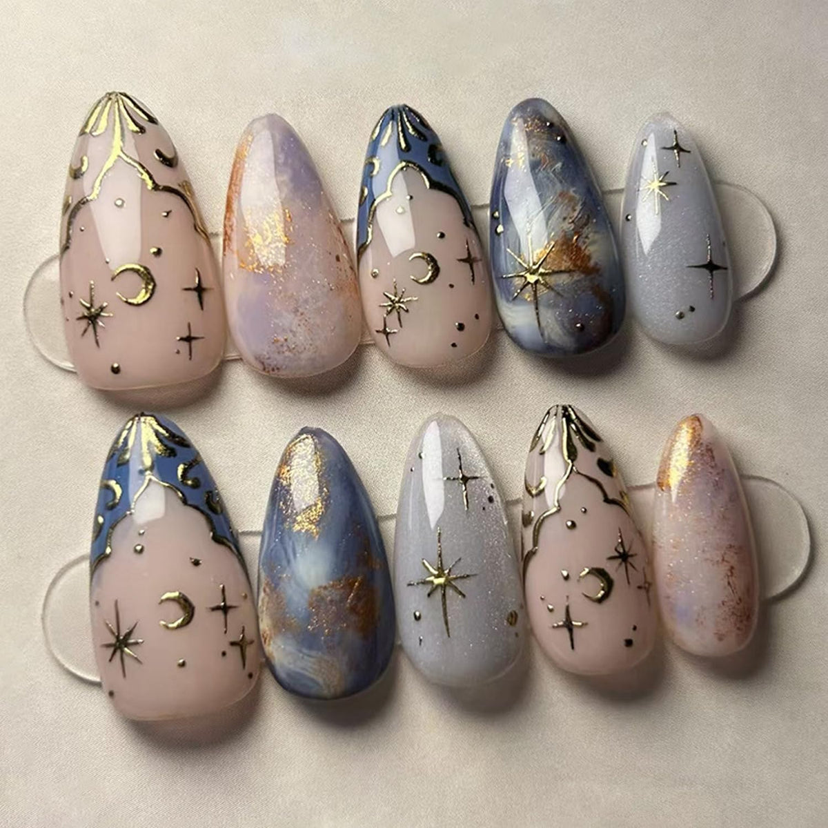 30Pcs Gold Star Moon Press on Nails Long Stiletto French Tip Fake Nails Press on 3D Chrome Gold Design Sun False Nails Irregular Gilded Lines Full Cover Purple Glossy Artificial Acrylic Nail for Women