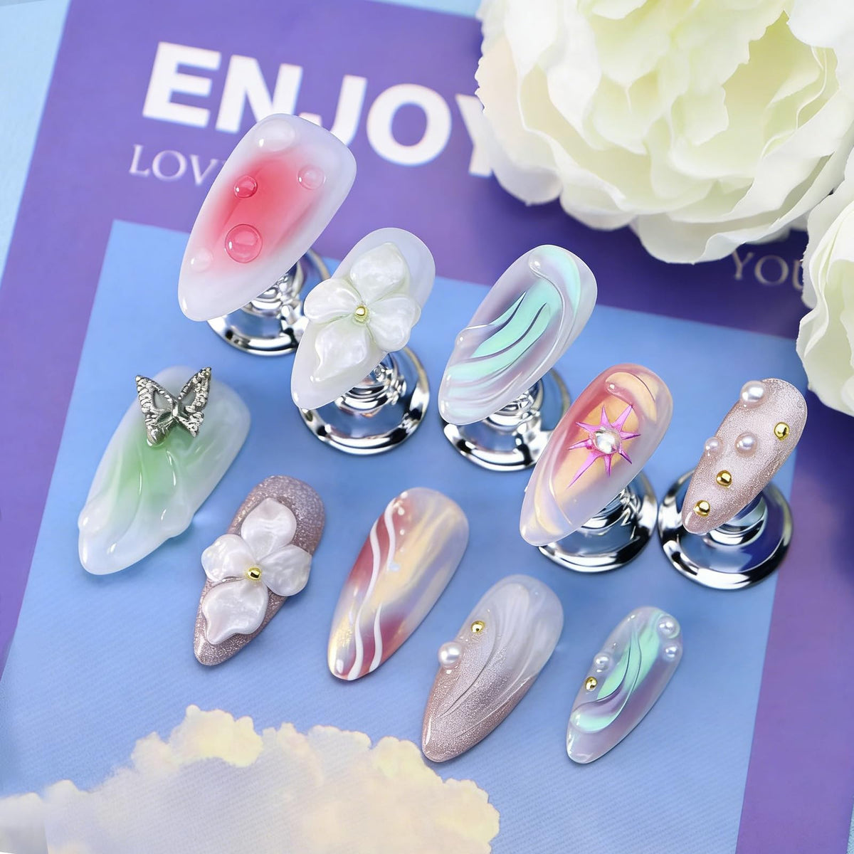 Star Moon Press on Nails Long Stiletto Fake Nails Pure Handcrafted Nail Mirror Effect Glue on Nails Glitter False Nail with Design Rhinestone Stick on Nail for Women Girls Luxury Manicure (M)