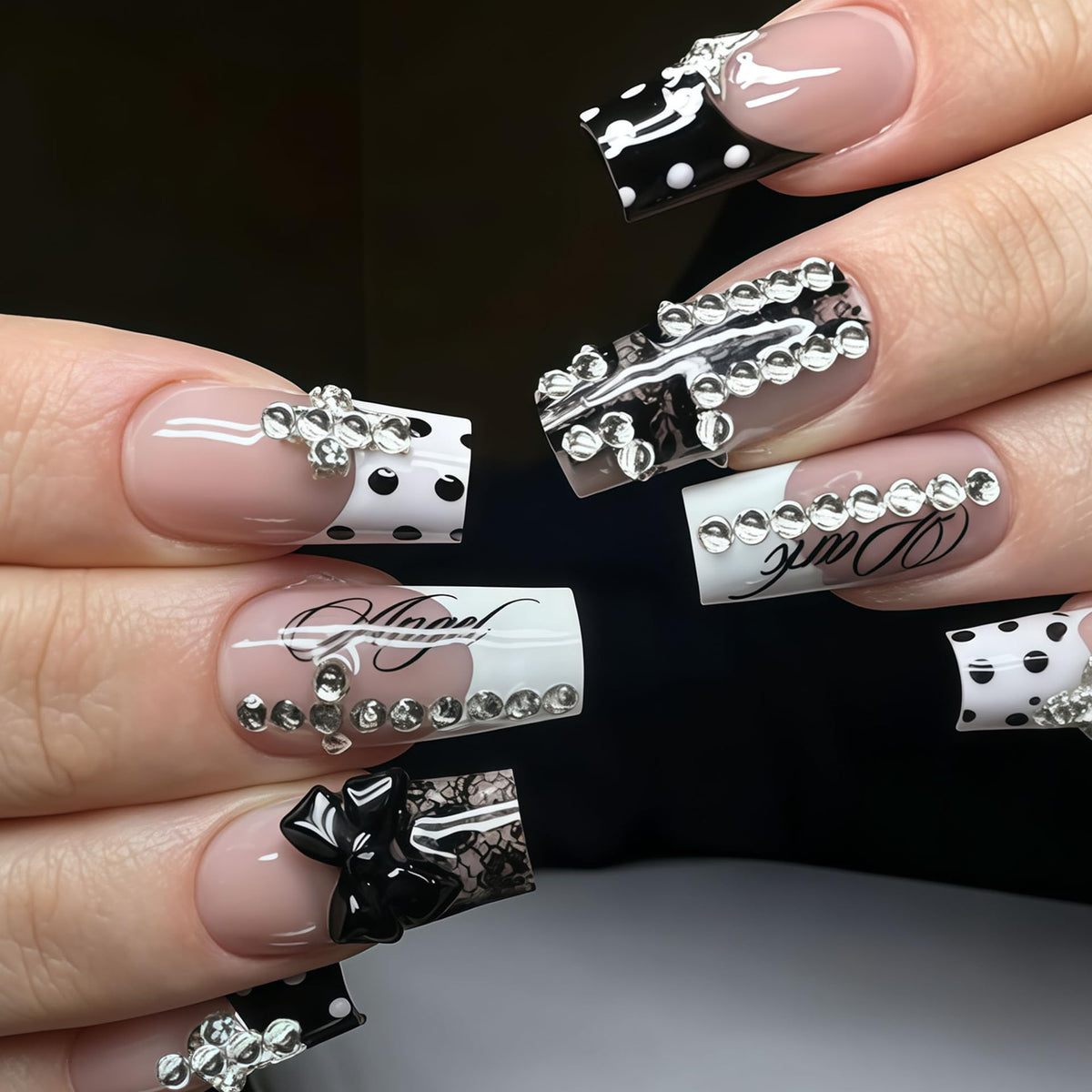 BABALAL Press on Nails, Extra Long Square Fake Nails, Gold Chrome French Tip, Luxury Rhinestone & Star Charm Design, Bling Shiny Reusable Glue on Nails 24Pcs