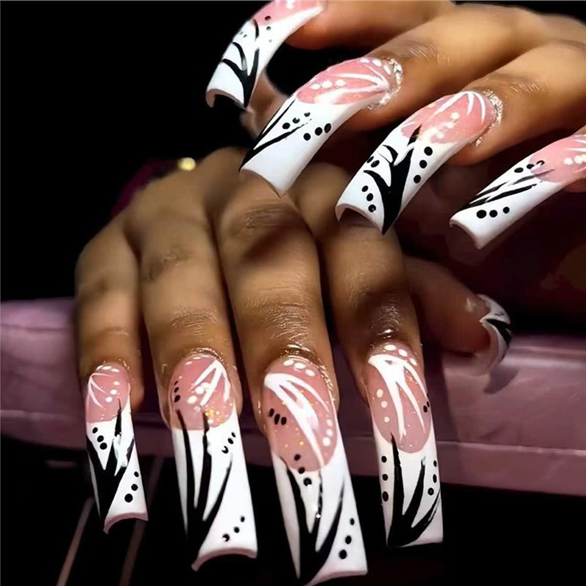 IMSOHOT Luxury Handmade Press on Nails Long Square Fake Nails with 3D Flower Designs Glossy Blue French Tips False Nails Full Cover Acrylic Glue Stick on Nails for Women
