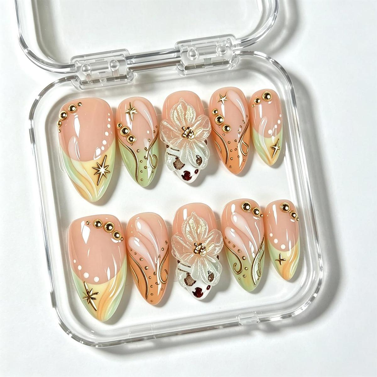 Handmade Press on Nails Gold Beads Almond Fake Nails 10Pcs(Size M)