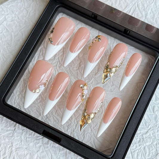 Long Stiletto Press On Nails, Handmade Nude White French False Nails with Gold Rhinestone Decor, Reusable Salon Grade Fake Nails Easy to Wear, 10Pcs M Size for Women
