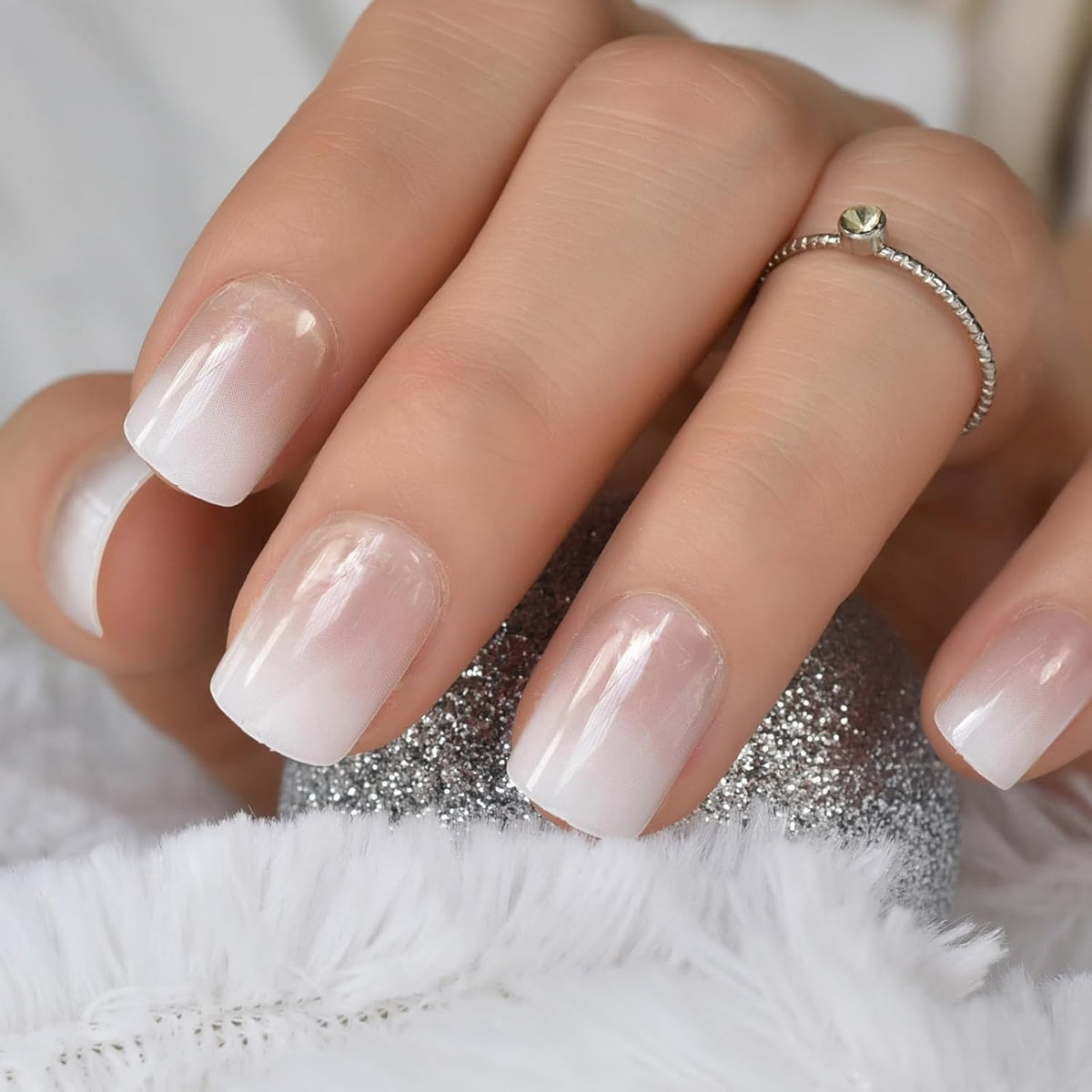 Ombre French Press On Nails Short - IKISKT Fashion Acrylic False Nails, Glue On Nails with Glue Sticker,Fit Perfectly & Natural Stick On Nails - 24PCS Soft UV Gel Fake Nails Kit, Gradient White